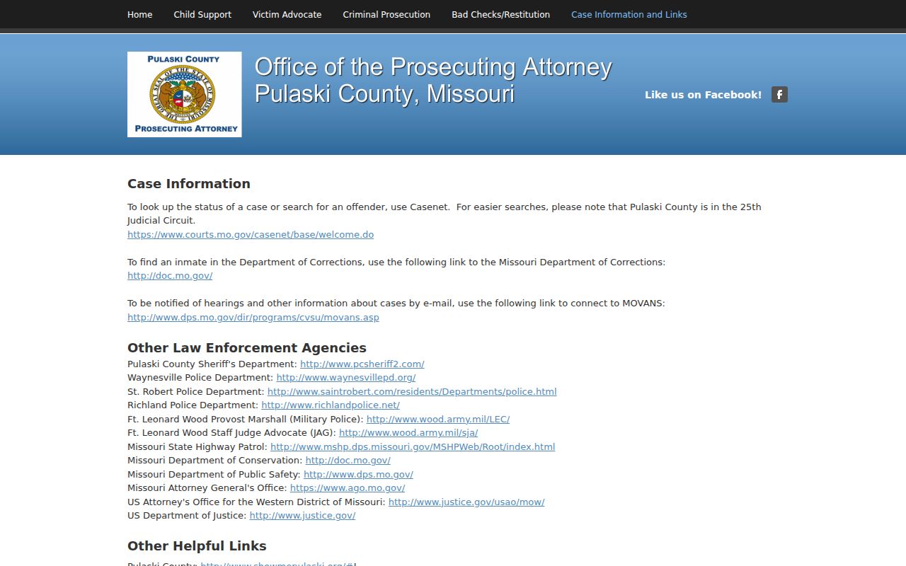 Pulaski County Prosecuting Attorney official Case.net resource page