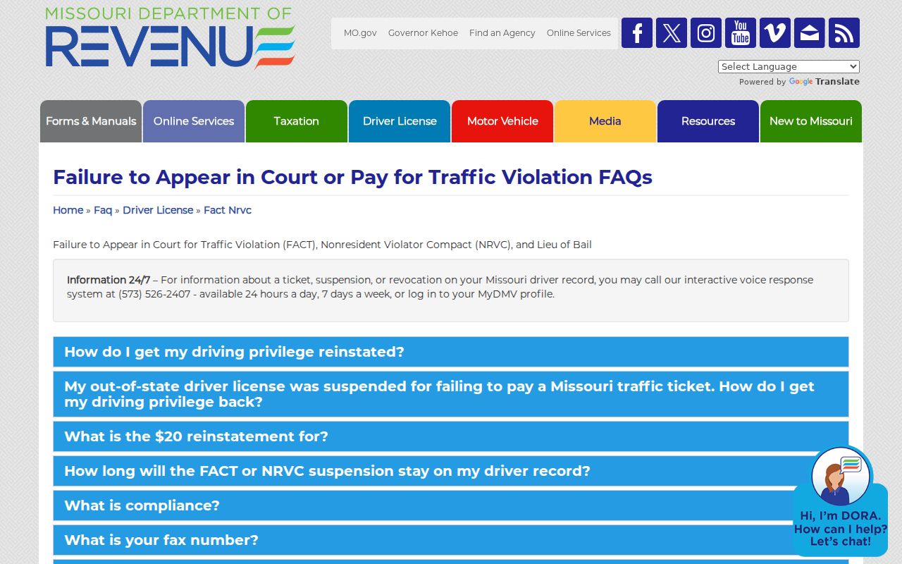 Missouri Department of Revenue traffic compliance information relevant to Pulaski County cases