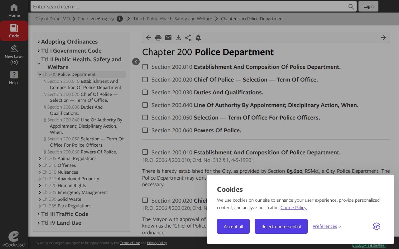 Official Dixon municipal code provisions for Police Department service of court process
